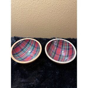 2 Handmade Holiday Jo-Ann Stores Wooden Tartan Plaid Enamel Bowls